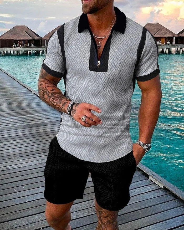 Men's Grey Printed Casual Polo Shirt Set